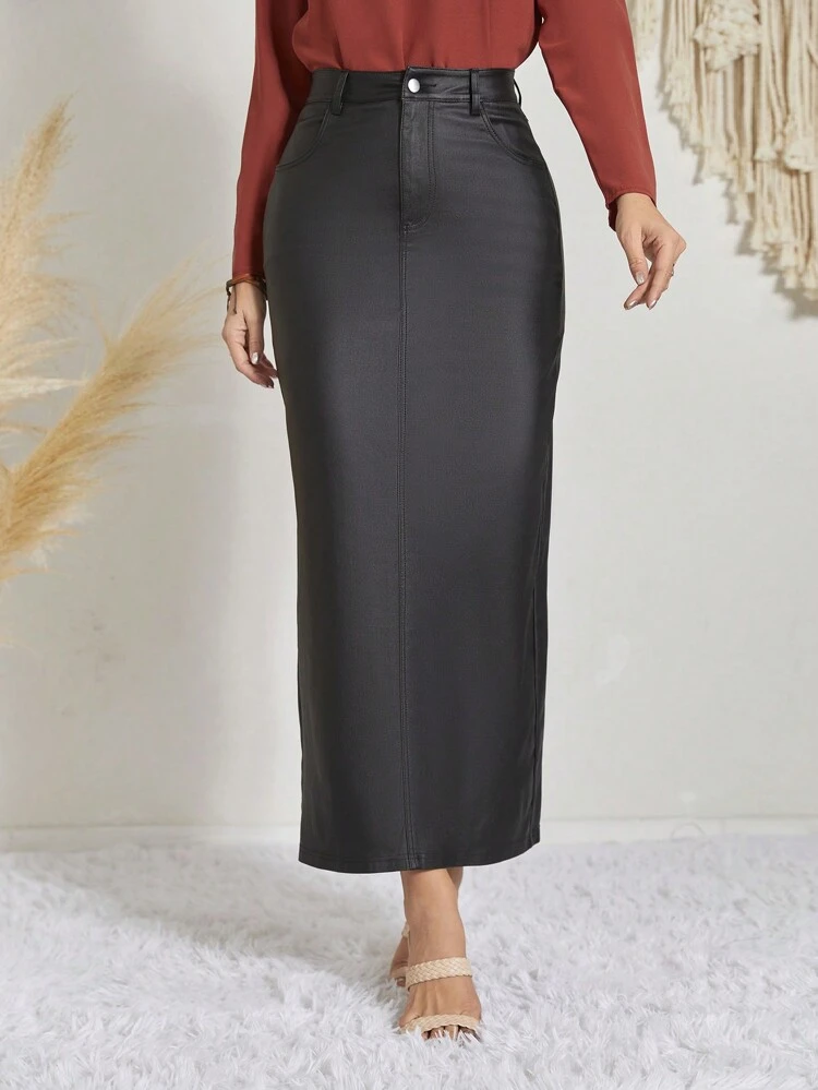 Women's Casual Solid Color Split Hem Fitted Skirt, Spring & Fall