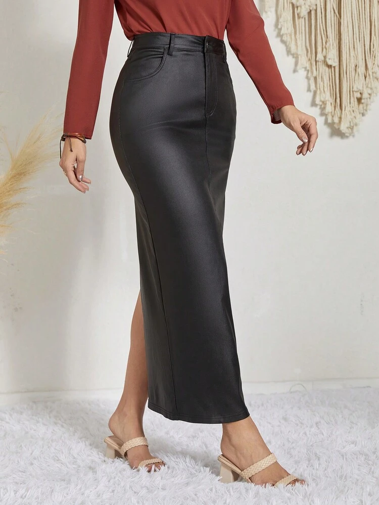 Women's Casual Solid Color Split Hem Fitted Skirt, Spring & Fall