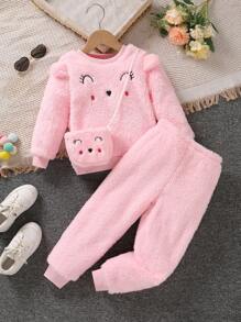 SHEIN 女小童卡通刺繡荷葉邊絨毛衛衣和褲子和包