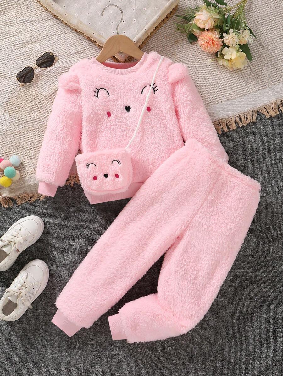 SHEIN 女小童卡通刺繡荷葉邊絨毛衛衣和褲子和包