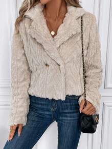 SHEIN Clasi 西裝領開門襟毛絨夾克 - 杏色 - 查看 4