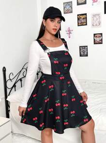 Flirla 大碼櫻桃圖案背帶洋裝不帶T恤 - 黑色 - 查看 7