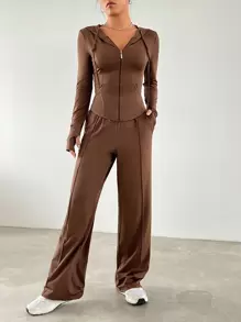 SHEIN EZwear 拉鏈開襟抽繩連帽夾克&闊腿褲 - 棕色 - 查看 5