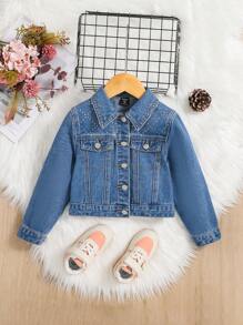 SHEIN Young Girl 1pc Flap Detail Denim Jacket - Medium Wash - View 3