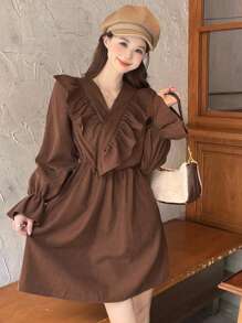 DAZY 素色荷葉邊荷葉袖荷葉邊圍裹細節洋裝 - 咖啡 - 查看 4
