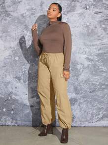 SHEIN SXY Plus Drawstring Waist Flap Pocket Cargo Pants - Khaki - View 6