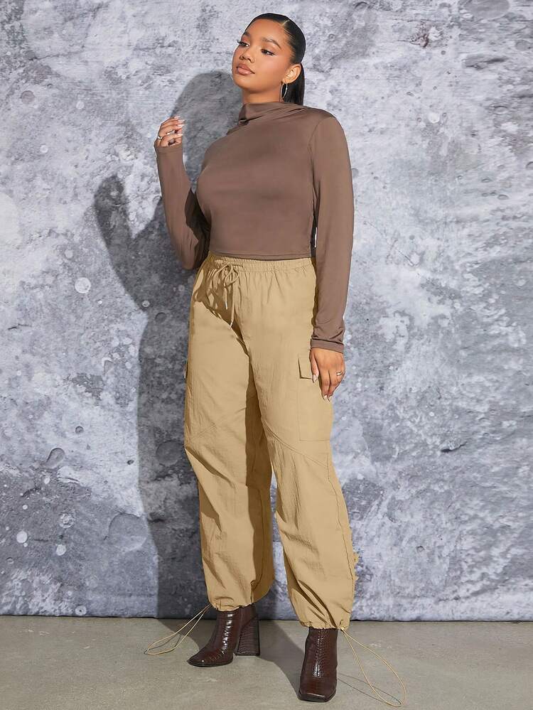 Plus Drawstring Waist Flap Pocket Cargo Pants