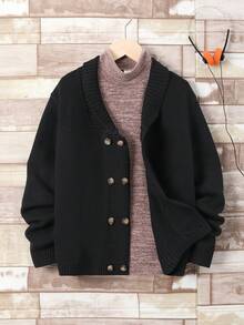 SHEIN Tween Boy 1pc Shawl Collar Double Breasted Cardigan - Black - View 5