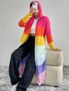 SHEIN Unity Colorblock Drop Shoulder Hooded Duster Cardigan - Multicolor - View 3