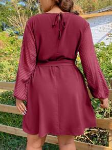 SHEIN LUNE Plus Keyhole Neckline Lantern Sleeve Belted Dress - Burgundy - View 2