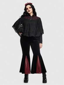 ROMWE PUNK Plus Lace Up Front Lace Cape Blouse - Black - View 5