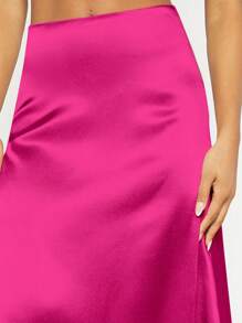 SHEIN Privé Solid Satin A-line Longline Satin Skirt - Hot Pink - View 3