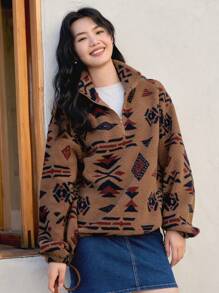 DAZY 几何印花灯笼袖半拉链运动衫、长袖上衣、秋季女装 - 駝色 - 查看 5