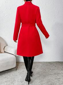 SHEIN Privé Waterfall Collar Belted Overcoat - Red - View 2