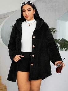 SHEIN EZwear Plus Button Front High Low Hem Hooded Teddy Coat - Black - View 4