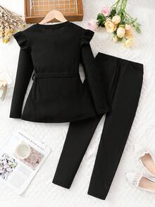 SHEIN 女大童字母刺繡荷葉邊腰帶T恤和緊身褲 - 黑色 - 查看 2