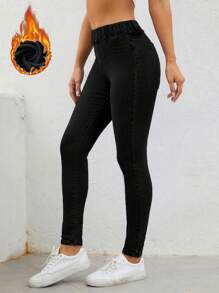 SHEIN Essnce 拉绒面料保暖高腰紧身牛仔裤保暖加厚牛仔布 - 黑色 - 查看 1