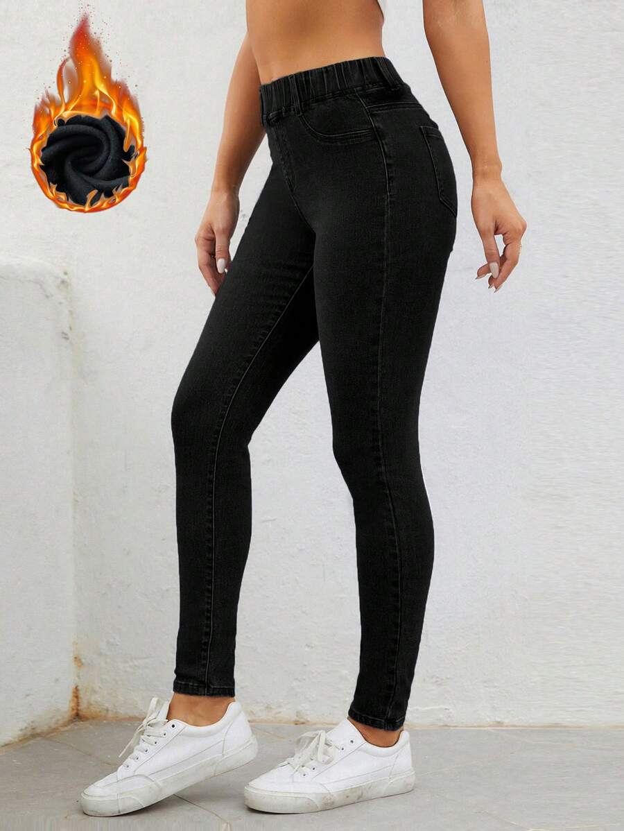 SHEIN Essnce 拉绒面料保暖高腰紧身牛仔裤保暖加厚牛仔布 - 黑色 - 查看 1