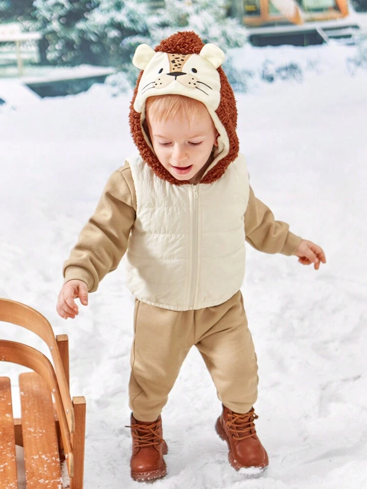 Baby Boy Cartoon Graphic Hooded Vest Jacket & Solid Hoodie & Sweatpants