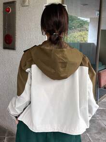 DAZY 撞色拉鏈開襟抽繩連帽夾克 - 棕色 - 查看 2