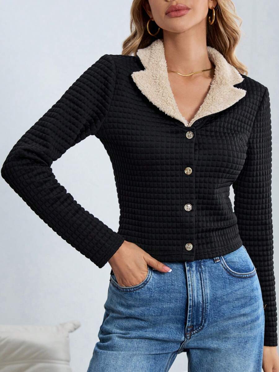 SHEIN Essnce Nút cổ áo tương phản Teddy phía trước - Nhiều màu - Xem 1