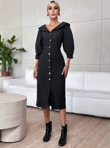 SHEIN Privé Sailor Collar Button Front Dress - Black - View 5
