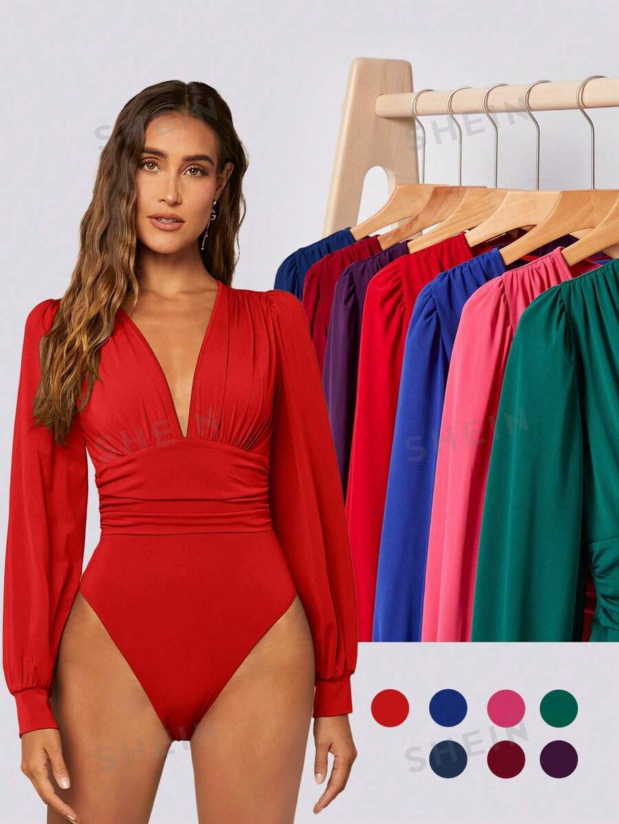 BizChic Body largo de manga larga con cuello en V profundo de unicolor, con lantern, blusa casual elegante y de moda para negocios, adecuada para trabajo, conciertos de música, madura y refinada - Rojo - Ver 1