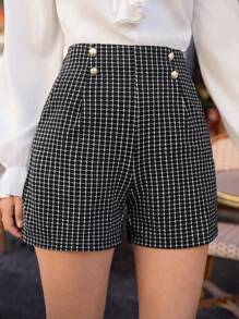 SHEIN Frenchy Plaid Print Button Detail Shorts Summer Elegant - Black and White - View 6