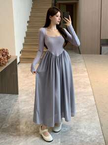 DAZY Chất rắn Viền không đối xứng Váy Dây Với Bolero Shrug Top - Màu xanh bụi bặm - Xem 1