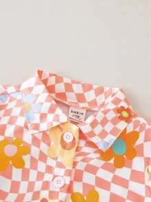 女嬰棋盤格和印花前紐扣短款襯衫 - 橘色 - 查看 5