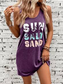 SHEIN LUNE 標語圖案背心洋裝 - 紫色 - 查看 1