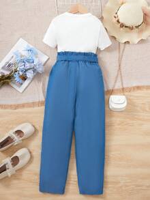 SHEIN 女大童T恤&紙袋腰腰帶長褲 - 白色 - 查看 2