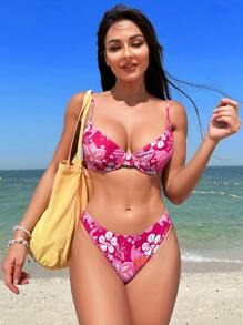 Swim Mod Summer Beach Floral Print Underwire Bikini Set - Multicolor - View 5
