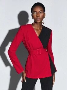 Maija Two Tone Belted Blazer - Red - View 7