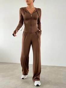 SHEIN EZwear 拉鏈開襟抽繩連帽夾克&闊腿褲 - 棕色 - 查看 4