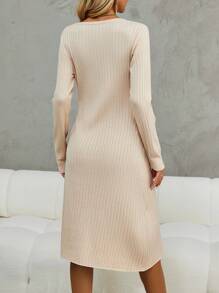SHEIN Clasi Drawstring Side Ribbed Knit Sweater Dress - Apricot - View 2