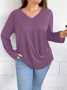 SHEIN Clasi Plus Size Fall Women Clothes Apricot V-Neck Texture Small Plaid Fabric Casual Long Sleeve Teacher T Shirt Fall Women Clothes - Purple - View 5