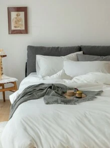 Bộ 3 món ga trải giường bằng vải lanh (1 vỏ chăn + 2 vỏ gối), không kèm ruột chăn, phù hợp cho ký túc xá nam/nữ, bộ đồ giường học sinh, trang trí ký túc xá, phong cách tối giản. - trắng - Xem 7