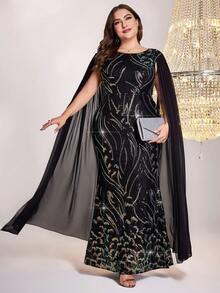 大碼斗篷袖亮片正式洋裝 - 黑色 - 查看 5