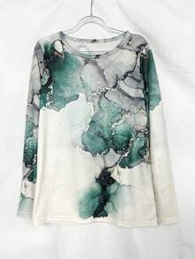 Women Fashion Casual Random Marble Print T-Shirt - Mint Green - View 3