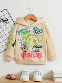 SHEIN 小男孩卡通字母图案卫衣 - 卡其色 - 查看 1