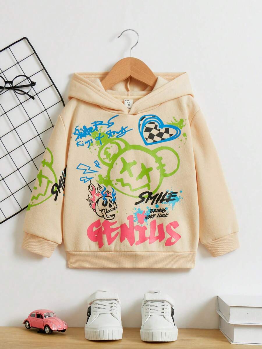 SHEIN 小男孩卡通字母图案卫衣 - 卡其色 - 查看 1