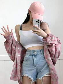 DAZY Plaid Print Drop Shoulder Shirt,Long Sleeve Tops,Back To School Clothes,Flannels Women - Pink - View 7