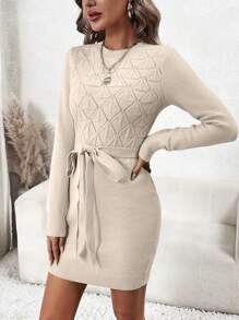 SHEIN Clasi 素色腰帶緊身毛衣洋裝 - 杏色 - 查看 1