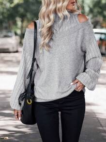 SHEIN LUNE Cold Shoulder Lantern Sleeve Sweatshirt - Grey - View 5