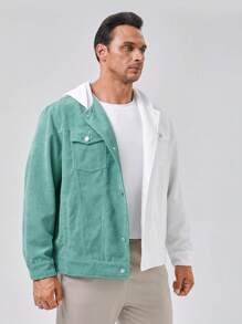 Manfinity VCAY Loose Fit Plus Size Men Two-Tone Flap Pocket Hooded Corduroy Jacket, For Fall Winter - Multicolor - View 6