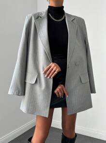 EURMUSE Striped Print Double Button Blazer - Grey - View 5