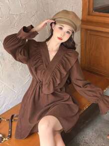 DAZY 素色荷葉邊荷葉袖荷葉邊圍裹細節洋裝 - 咖啡 - 查看 1