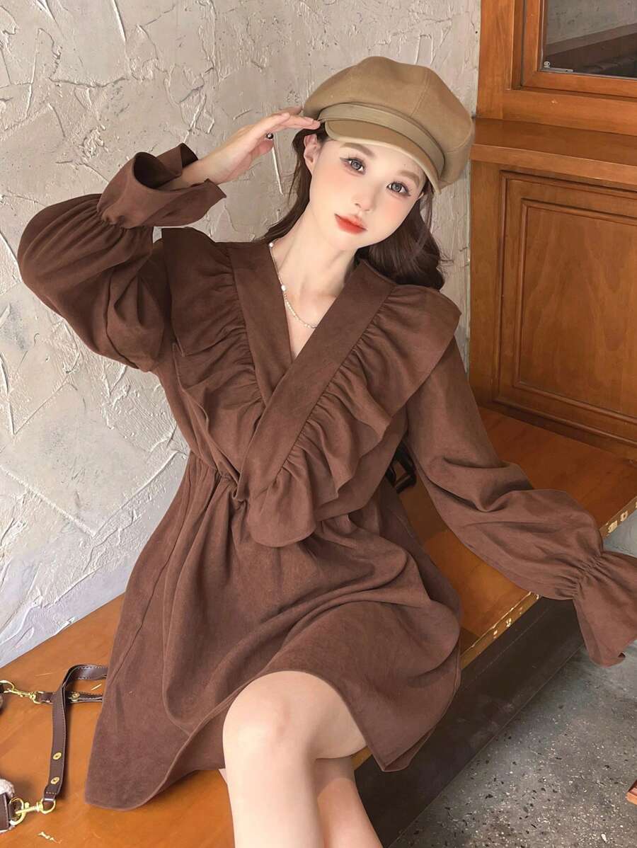 DAZY 素色荷葉邊荷葉袖荷葉邊圍裹細節洋裝 - 咖啡 - 查看 1