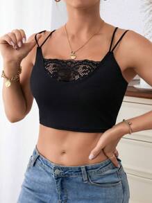 蕾絲拼接吊帶短上衣 - 黑色 - 查看 1